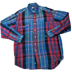 VTG '90's Tommy Hilfiger Blue & Red LS Plaid Shirt Denim, Cotton, Size Lg.